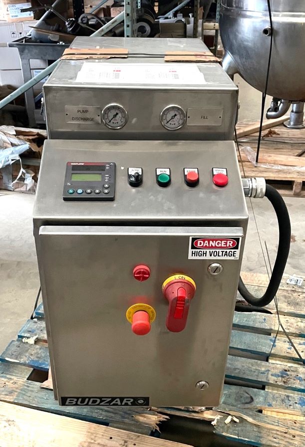 ***SOLD*** (2) Unused Budzar Stainless Steel Temperature Control Unit (heaters). Model 1WT-3610-DSP-WD. Rated 18KW. 460 volt. Design Temp. Deg.C. to 99 deg.C..  Max operating PSI = 150. Design Flow is 12 GPM. Process Fluid = Water. 